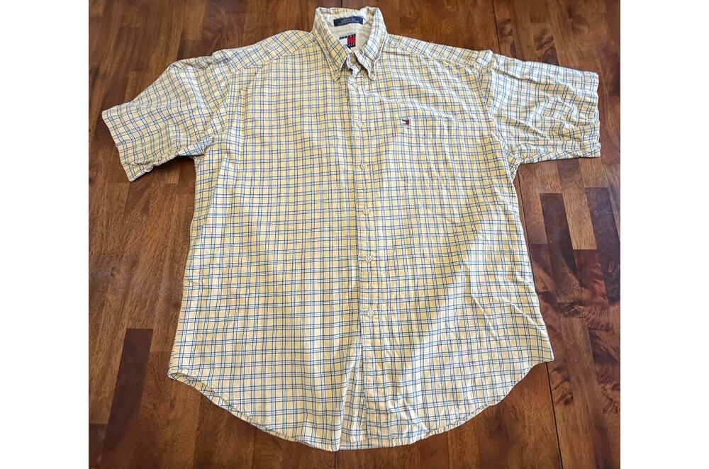 Tommy Hilfiger Mens XL Yellow Plaid Button Down Shirt Long Sleeve Flag Logo